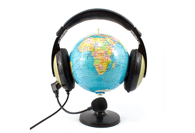 MyArabisc global communication icon with headphones and microphone on a world globe