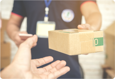 Courier handing a cardboard package to a customer